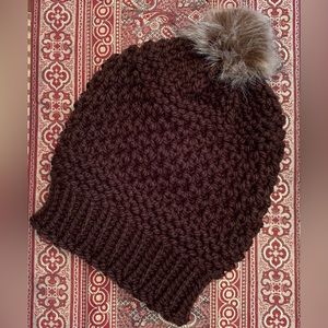 Hat: chocolate brown with tan/brown removable faux fur Pom Pom. Handmade knit.
